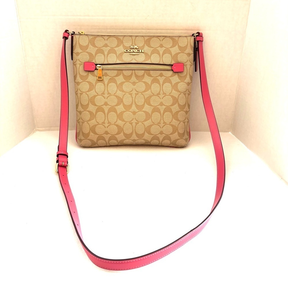Coach Vintage Signature Tan/Pink Rowan File Adjustable Strap Small CrossbodyBag